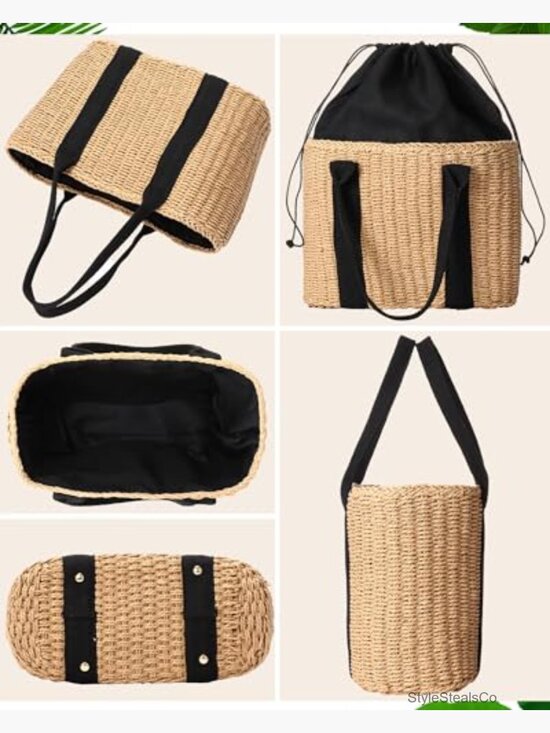 Straw Woven Tote Bag with Hat and Earrings Set - Boho Summer Accessories main image 5